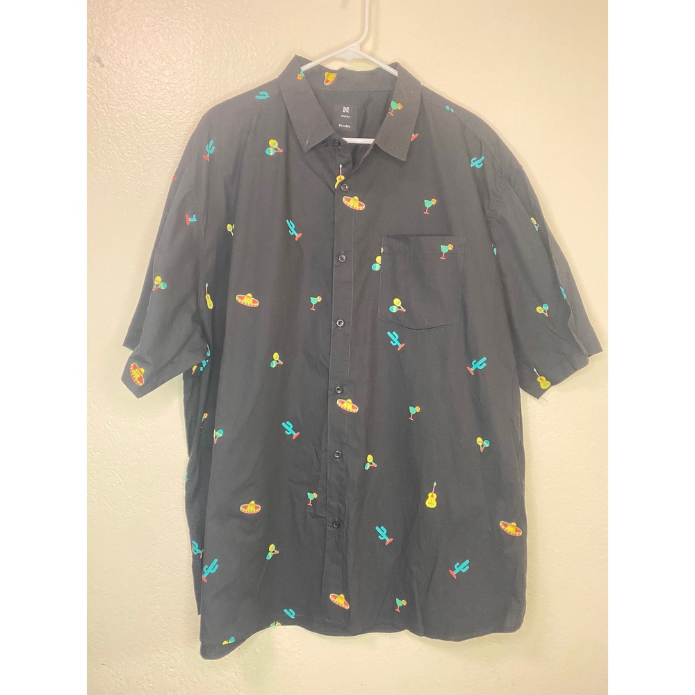 Visive Mens 3XL Black Fiesta Print Cotton Short Sleeve Button Down Shirt Novelty